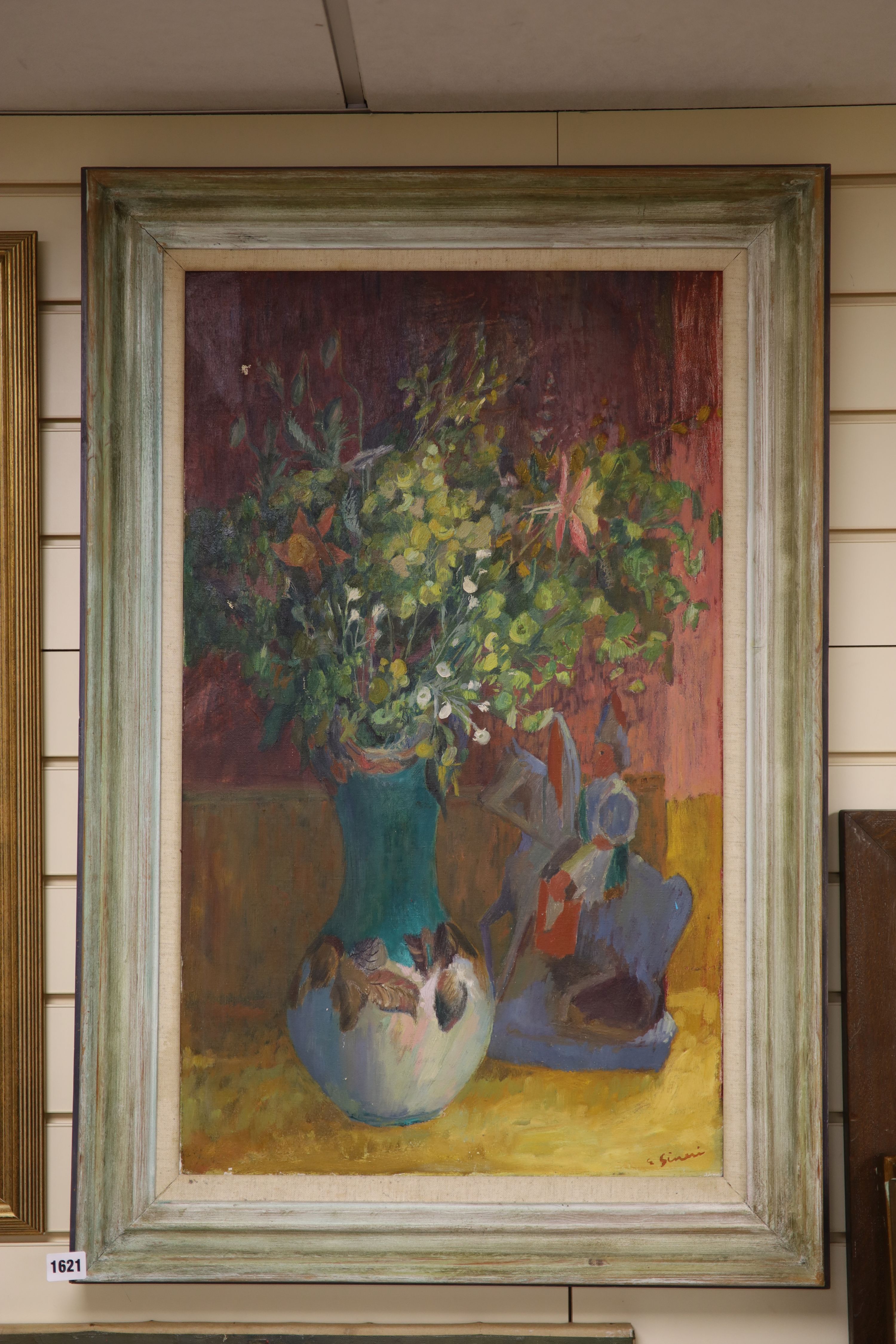 Edna Ginesi (1902-2000), oil on canvas, Still life of flowers in a vase with a figure alongside, signed, 75 x 45cm